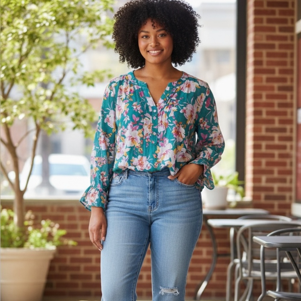 Counterparts Floral Teal Women's blouse size 3X